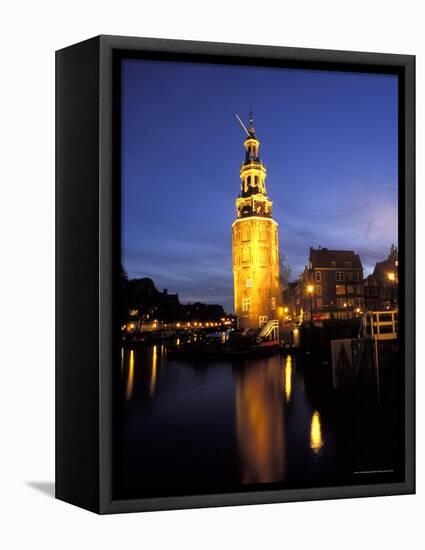 Floodlit Tower at Twilight Reflected in the Canal, Oudeschams, Amsterdam, the Netherlands (Holland)-Richard Nebesky-Framed Premier Image Canvas