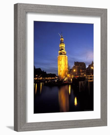 Floodlit Tower at Twilight Reflected in the Canal, Oudeschams, Amsterdam, the Netherlands (Holland)-Richard Nebesky-Framed Photographic Print