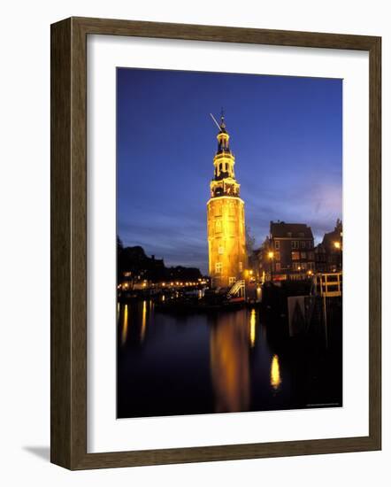 Floodlit Tower at Twilight Reflected in the Canal, Oudeschams, Amsterdam, the Netherlands (Holland)-Richard Nebesky-Framed Photographic Print