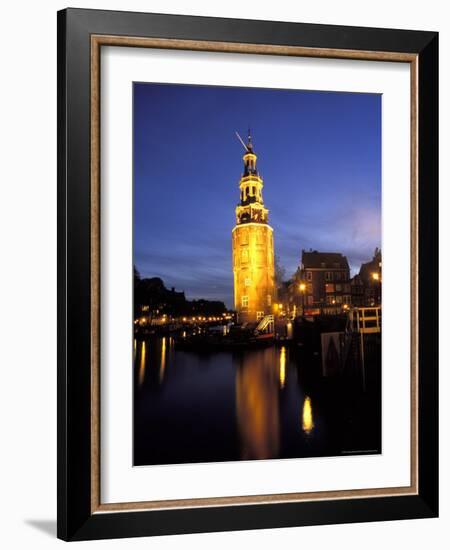 Floodlit Tower at Twilight Reflected in the Canal, Oudeschams, Amsterdam, the Netherlands (Holland)-Richard Nebesky-Framed Photographic Print