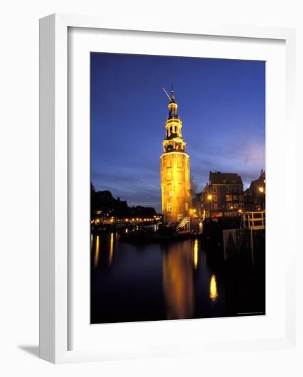 Floodlit Tower at Twilight Reflected in the Canal, Oudeschams, Amsterdam, the Netherlands (Holland)-Richard Nebesky-Framed Photographic Print