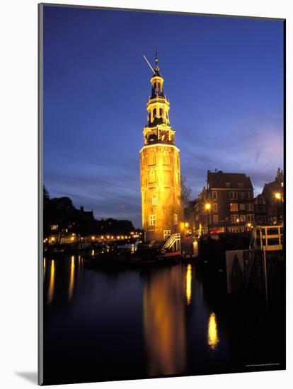 Floodlit Tower at Twilight Reflected in the Canal, Oudeschams, Amsterdam, the Netherlands (Holland)-Richard Nebesky-Mounted Photographic Print