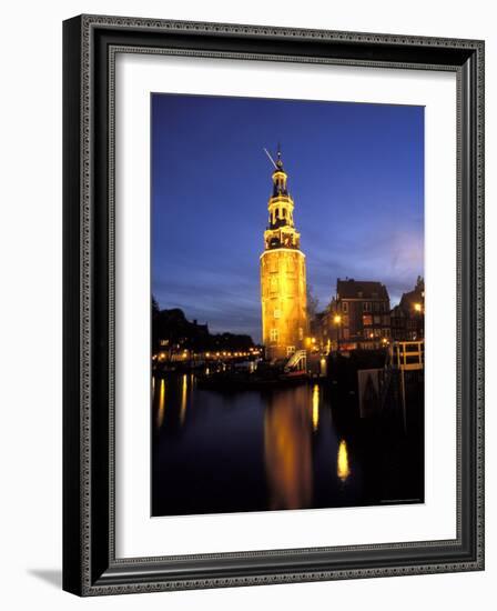 Floodlit Tower at Twilight Reflected in the Canal, Oudeschams, Amsterdam, the Netherlands (Holland)-Richard Nebesky-Framed Photographic Print