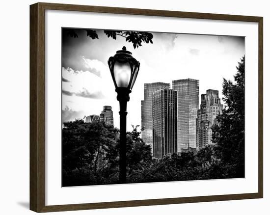 Floor Lamp in Central Park Overlooking Buildings, Manhattan, New York, Black and White Photography-Philippe Hugonnard-Framed Photographic Print