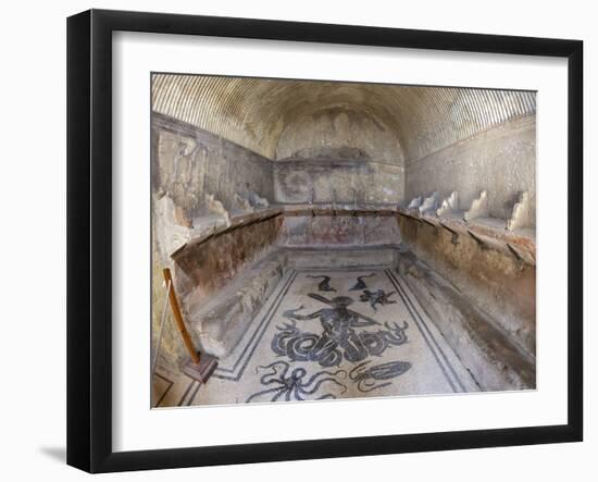 Floor of Tepidarium in Roman Central Baths Mosaic Depicting Triton, Campania, Italy-null-Framed Photographic Print