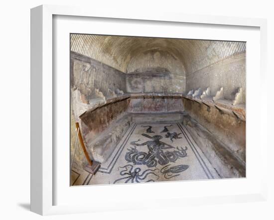 Floor of Tepidarium in Roman Central Baths Mosaic Depicting Triton, Campania, Italy-null-Framed Photographic Print