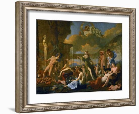 Flora's Realm, 1631, Three Gods, Flora, Apollo and Pan; Ajax Killing Himself-Nicolas Poussin-Framed Giclee Print