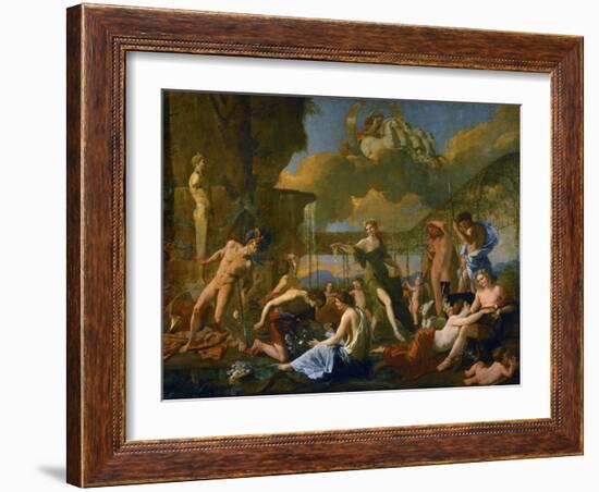 Flora's Realm, 1631, Three Gods, Flora, Apollo and Pan; Ajax Killing Himself-Nicolas Poussin-Framed Giclee Print