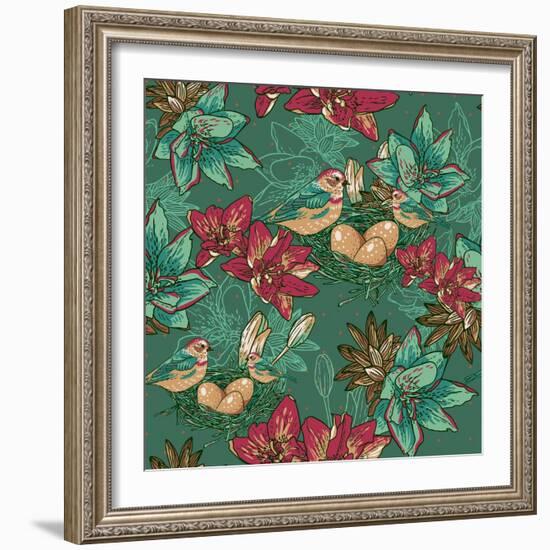 Floral Background with Bird-Varvara Kurakina-Framed Art Print