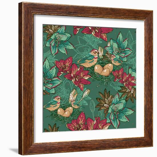 Floral Background with Bird-Varvara Kurakina-Framed Art Print