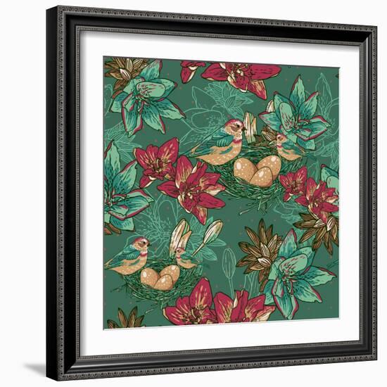 Floral Background with Bird-Varvara Kurakina-Framed Art Print