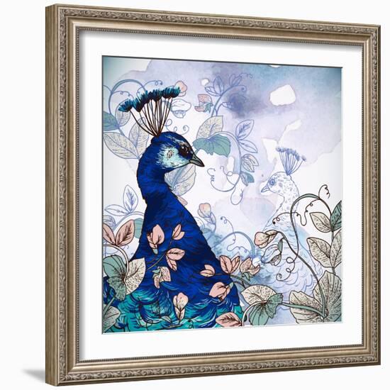 Floral Background with Peacock-Varvara Kurakina-Framed Art Print