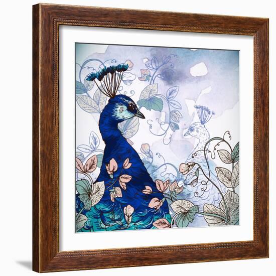 Floral Background with Peacock-Varvara Kurakina-Framed Art Print