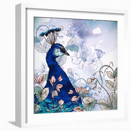 Floral Background with Peacock-Varvara Kurakina-Framed Art Print