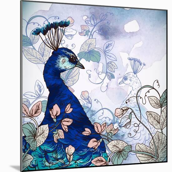 Floral Background with Peacock-Varvara Kurakina-Mounted Art Print