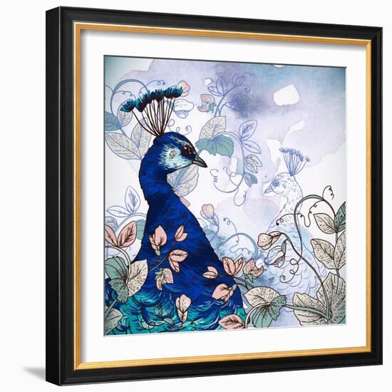 Floral Background with Peacock-Varvara Kurakina-Framed Art Print