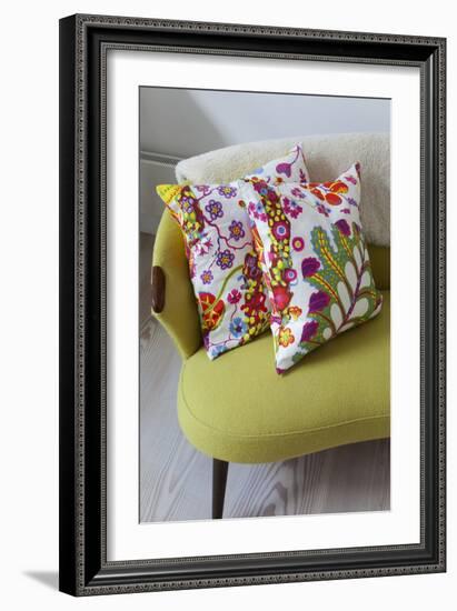 Floral Cushions on Retro Sofa in Living Room of London Family Home, UK-Pedro Silmon-Framed Photo
