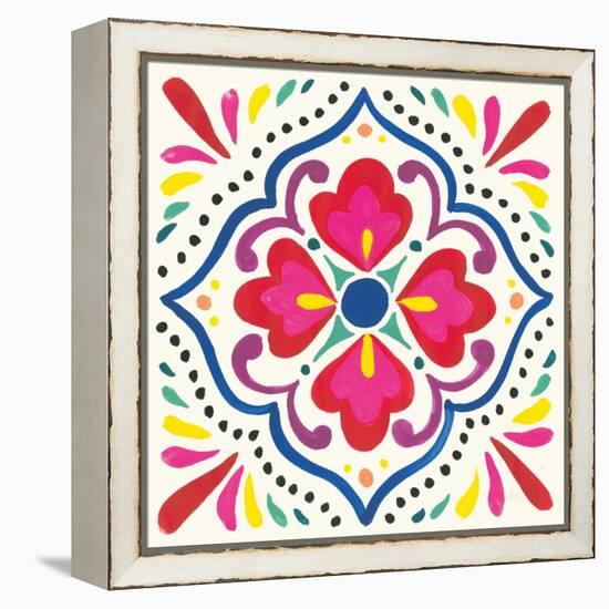 Floral Fiesta White Tile V-Laura Marshall-Framed Stretched Canvas