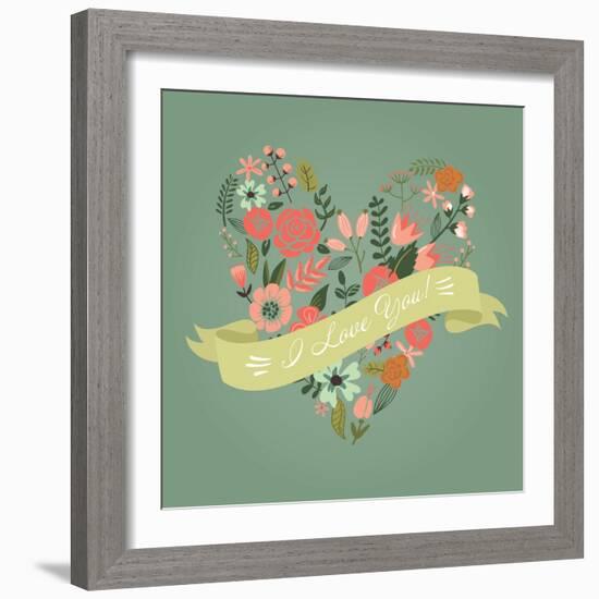 Floral Heart Card. Cute Retro Flowers Arranged Un a Shape of the Heart, Perfect for Wedding Invitat-Alisa Foytik-Framed Art Print