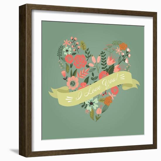 Floral Heart Card. Cute Retro Flowers Arranged Un a Shape of the Heart, Perfect for Wedding Invitat-Alisa Foytik-Framed Art Print