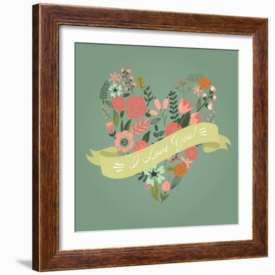 Floral Heart Card. Cute Retro Flowers Arranged Un a Shape of the Heart, Perfect for Wedding Invitat-Alisa Foytik-Framed Art Print