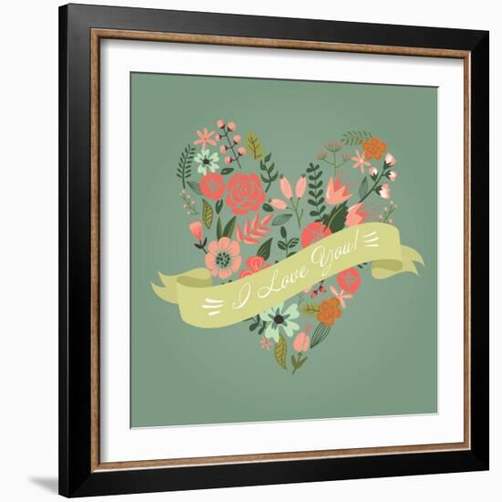 Floral Heart Card. Cute Retro Flowers Arranged Un a Shape of the Heart, Perfect for Wedding Invitat-Alisa Foytik-Framed Art Print