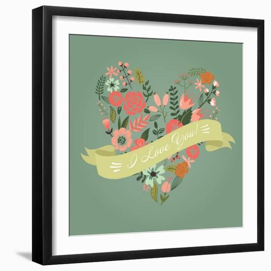 Floral Heart Card. Cute Retro Flowers Arranged Un a Shape of the Heart, Perfect for Wedding Invitat-Alisa Foytik-Framed Art Print