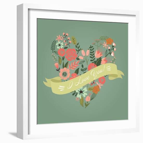 Floral Heart Card. Cute Retro Flowers Arranged Un a Shape of the Heart, Perfect for Wedding Invitat-Alisa Foytik-Framed Art Print