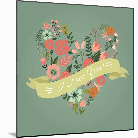 Floral Heart Card. Cute Retro Flowers Arranged Un a Shape of the Heart, Perfect for Wedding Invitat-Alisa Foytik-Mounted Art Print