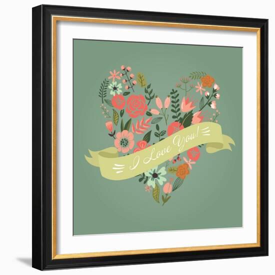 Floral Heart Card. Cute Retro Flowers Arranged Un a Shape of the Heart, Perfect for Wedding Invitat-Alisa Foytik-Framed Art Print