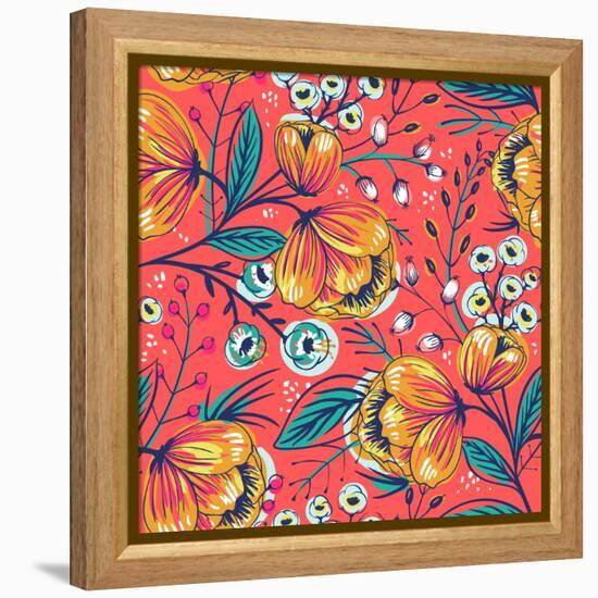 Floral Pattern with Vintage Blooming Flowers on a Red Background-Anna Paff-Framed Stretched Canvas