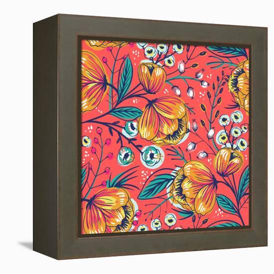 Floral Pattern with Vintage Blooming Flowers on a Red Background-Anna Paff-Framed Stretched Canvas