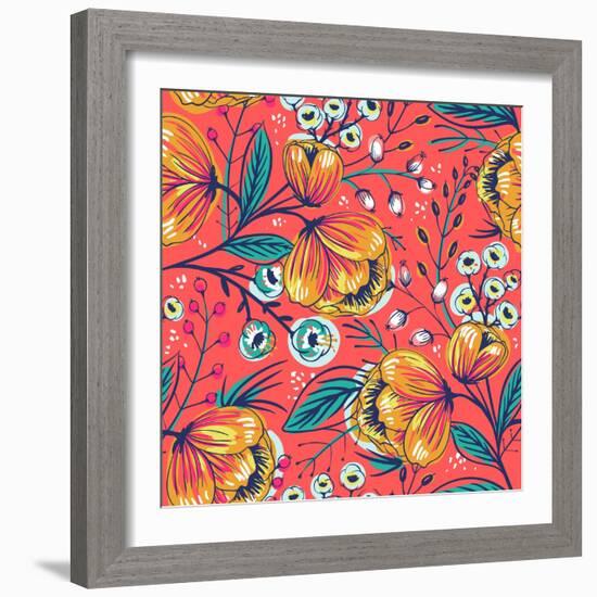 Floral Pattern with Vintage Blooming Flowers on a Red Background-Anna Paff-Framed Art Print