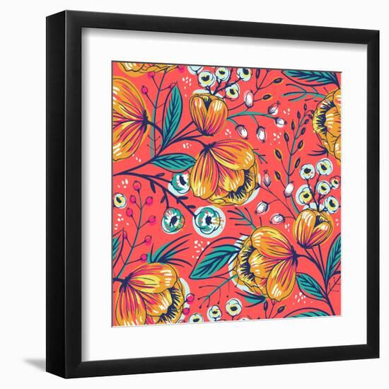 Floral Pattern with Vintage Blooming Flowers on a Red Background-Anna Paff-Framed Art Print