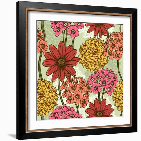 Floral Seamless Pattern. Hand Drawn Flowers. Bright Colors. Perfect for Wrapping Paper, Wallpaper,T-hoverfly-Framed Art Print