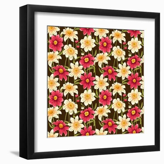 Floral Seamless Pattern with Colorful Flowers on Dark Background-hoverfly-Framed Art Print