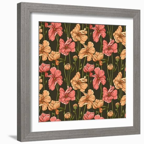 Floral Seamless Pattern with Colorful Flowers on Dark Background-hoverfly-Framed Art Print