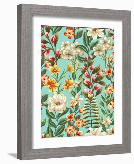 Floral Seamless Pattern with Flowers and Leaves on Blue Background in Watercolor Style-hoverfly-Framed Art Print