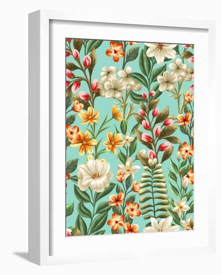 Floral Seamless Pattern with Flowers and Leaves on Blue Background in Watercolor Style-hoverfly-Framed Art Print