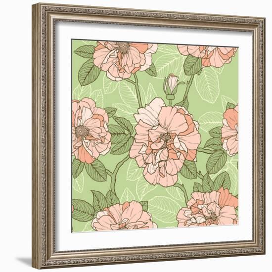 Floral Seamless Pattern with Pink Roses on Green Background-hoverfly-Framed Art Print