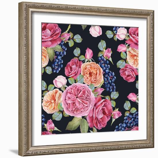 Floral Seamless Pattern with Watercolor Roses and Black Rowan Berries. Background with Bouquets of-Lesia H-Framed Art Print