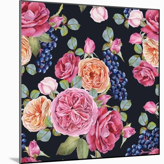 Floral Seamless Pattern with Watercolor Roses and Black Rowan Berries. Background with Bouquets of-Lesia H-Mounted Art Print