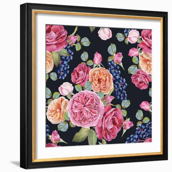 Floral Seamless Pattern with Watercolor Roses and Black Rowan Berries. Background with Bouquets of-Lesia H-Framed Art Print