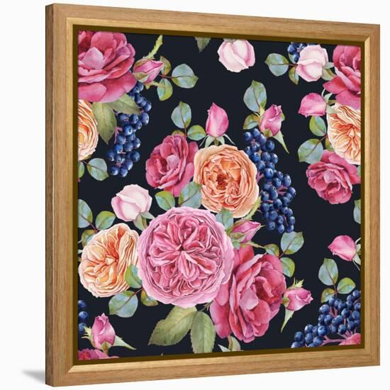 Floral Seamless Pattern with Watercolor Roses and Black Rowan Berries. Background with Bouquets of-Lesia H-Framed Stretched Canvas