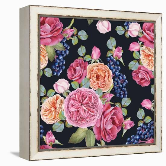 Floral Seamless Pattern with Watercolor Roses and Black Rowan Berries. Background with Bouquets of-Lesia H-Framed Stretched Canvas