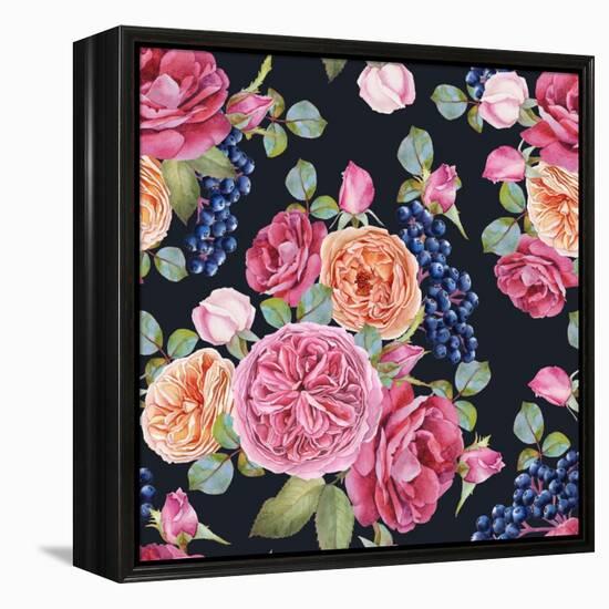 Floral Seamless Pattern with Watercolor Roses and Black Rowan Berries. Background with Bouquets of-Lesia H-Framed Stretched Canvas