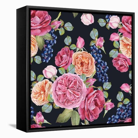 Floral Seamless Pattern with Watercolor Roses and Black Rowan Berries. Background with Bouquets of-Lesia H-Framed Stretched Canvas