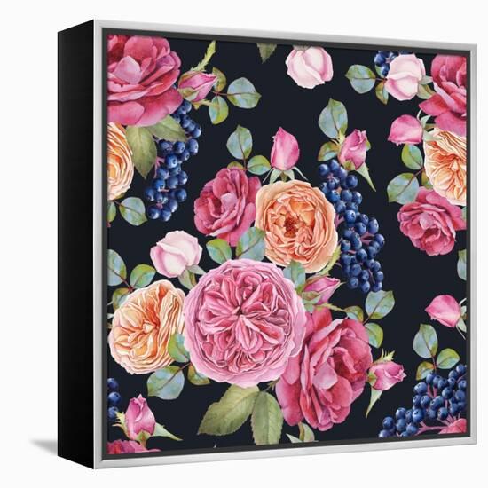 Floral Seamless Pattern with Watercolor Roses and Black Rowan Berries. Background with Bouquets of-Lesia H-Framed Stretched Canvas