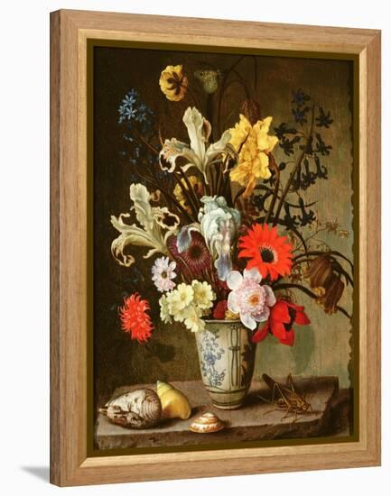 Floral Study with Beaker, Grasshopper and Seashells-Balthasar van der Ast-Framed Premier Image Canvas
