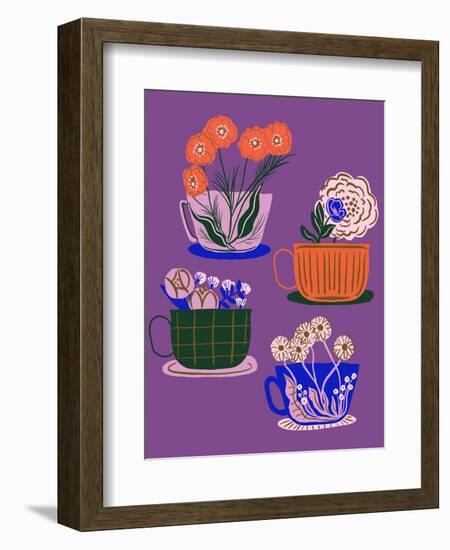 Floral Teacups - Purple-Tara Reed-Framed Art Print